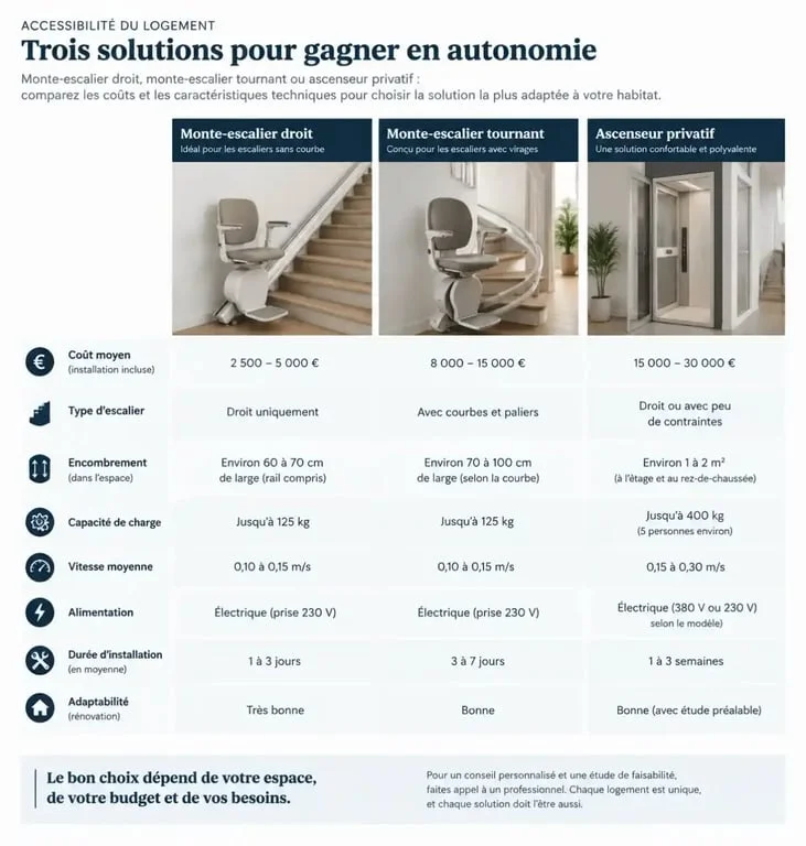Comparatif des prix et types d'installations pour monte-escalier et ascenseur privatif