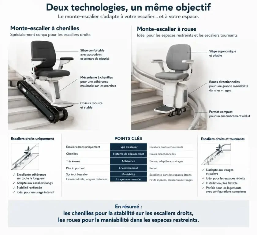 Comparatif technique monte-escalier autonome à roues ou chenilles