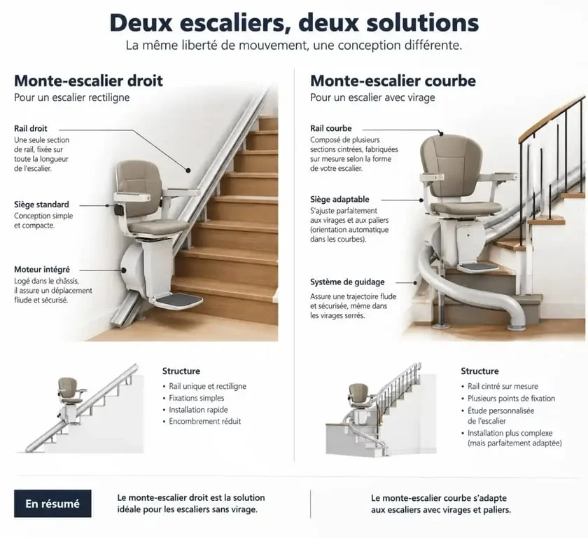 Comparatif monte-escalier droit et courbe pour choisir son modèle Mobilae monte-escalier