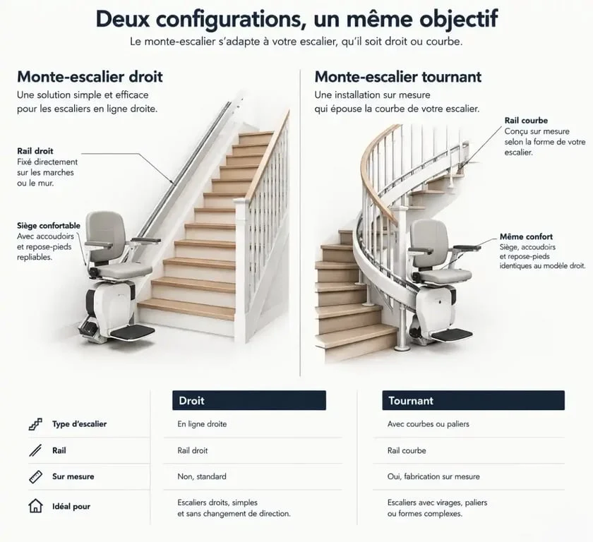 Comparaison monte-escalier droit et tournant pour votre projet vital monte-escalier