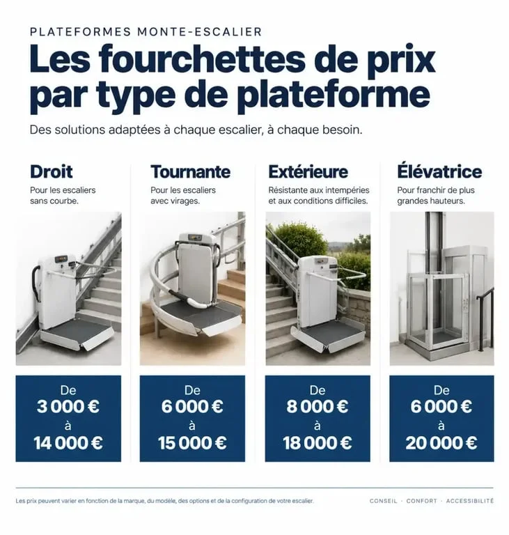 Tableau récapitulatif des prix d'une plateforme monte-escalier selon le modèle