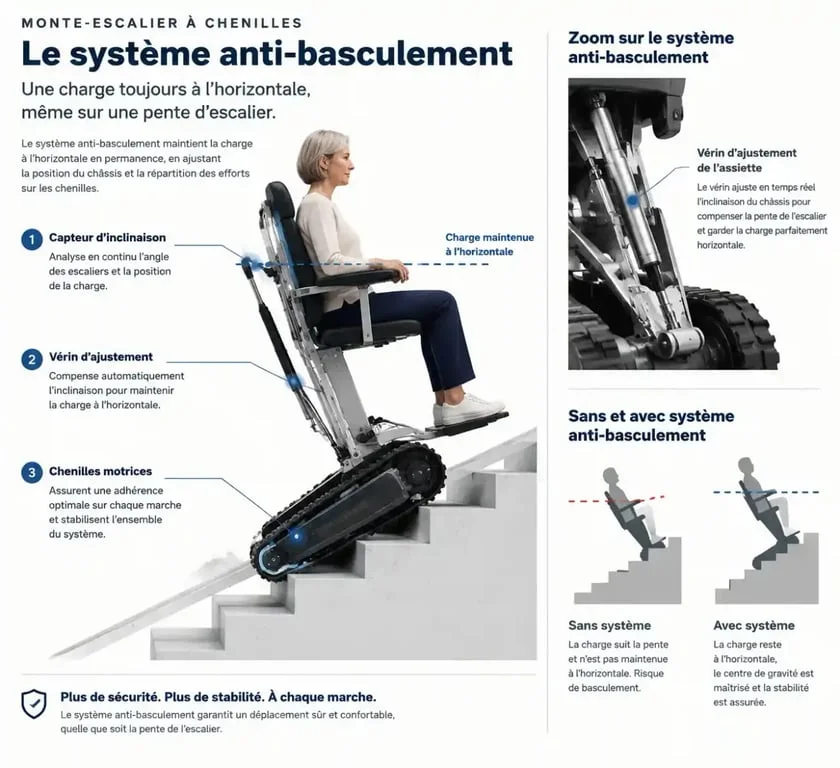 Schéma de sécurité monte-escalier chenille location avec système anti-basculement