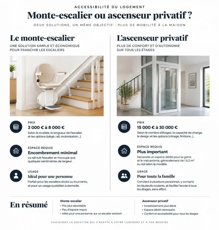 Comparatif technique entre monte-escalier et ascenseur privatif pour l'accessibilité à domicile