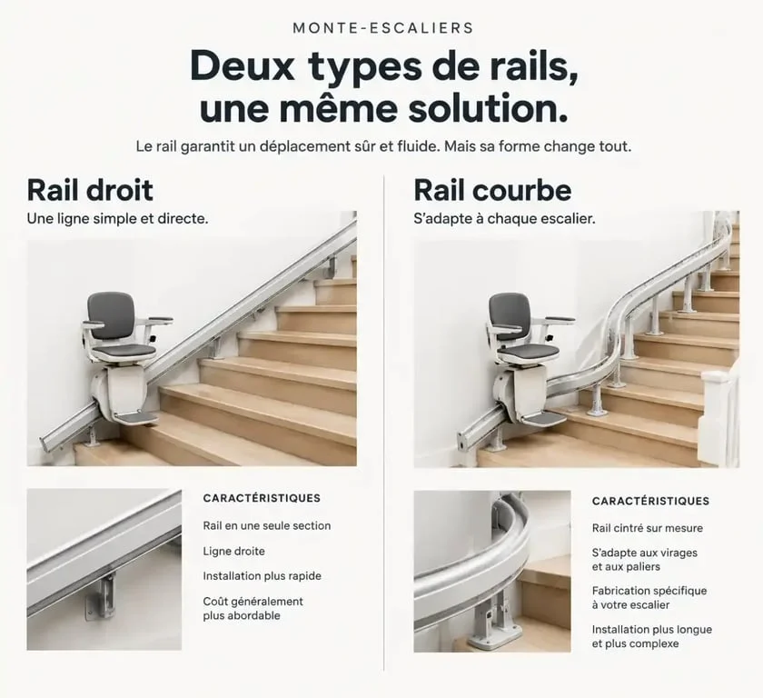 Comparaison technique entre un monte-escalier stannah droit et un modèle courbe
