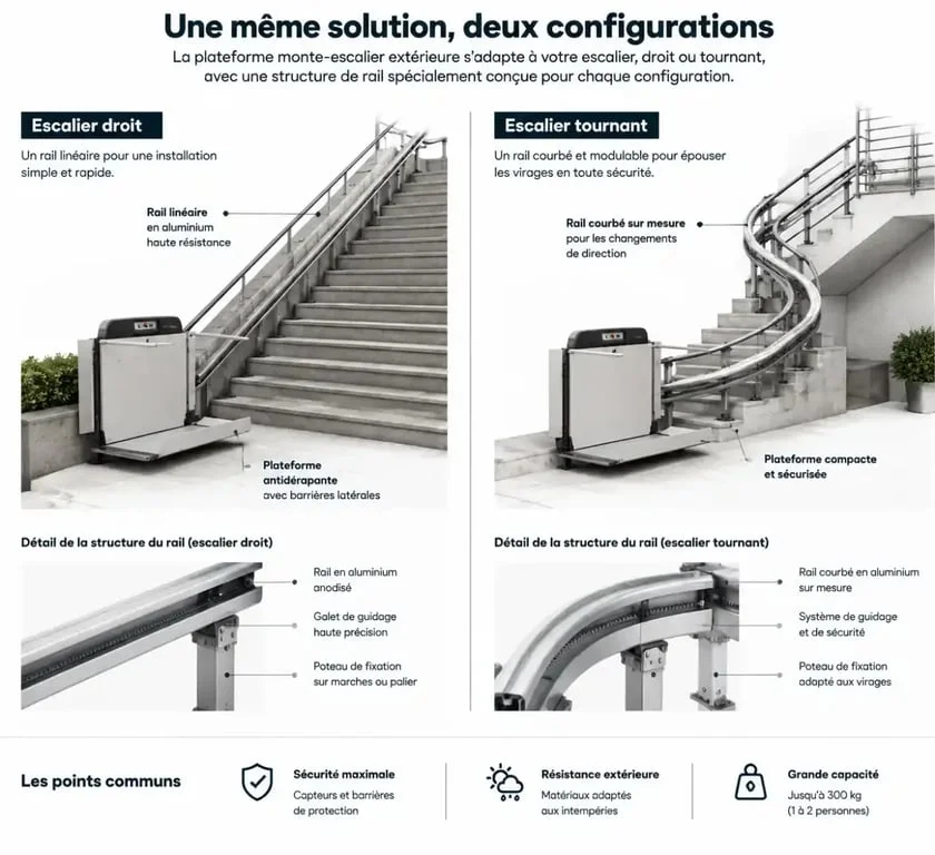 Comparatif plateforme monte-escalier extérieur droit et tournant