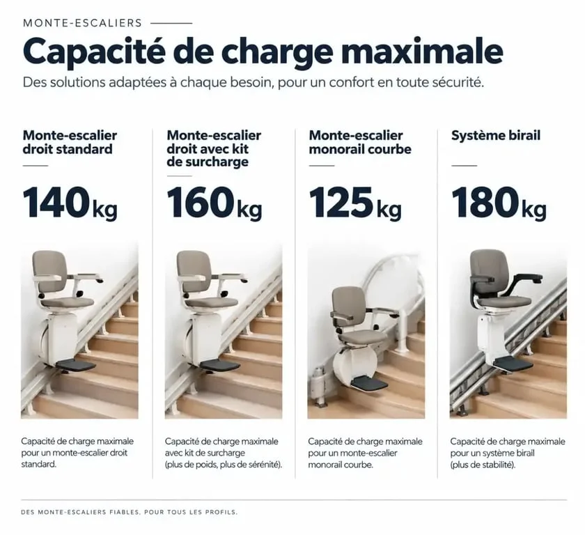 Tableau comparatif des capacités de charge maximale par monte-escalier poids maximum