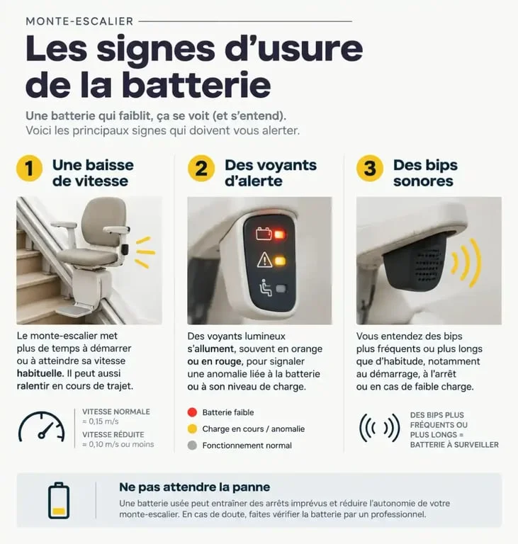 Infographie des signes d'usure d'une batterie de monte-escalier pour identifier une panne.