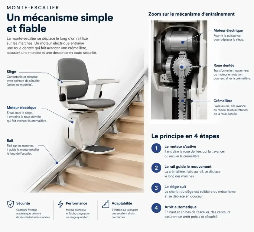 Schéma technique expliquant comment fonctionne un monte-escalier avec rail et moteur