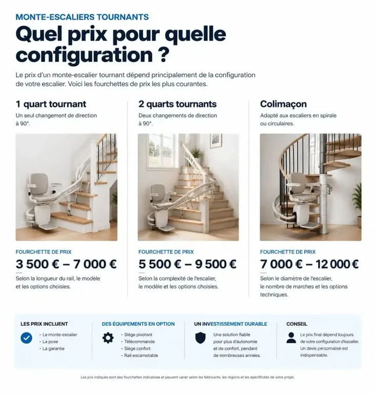 Infographie des prix d'un monte-escalier tournant selon la configuration de l'escalier