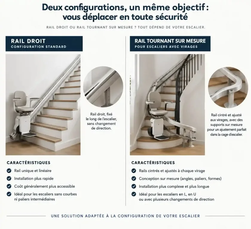 Schéma comparatif des types de rails pour installer un monte-escalier
