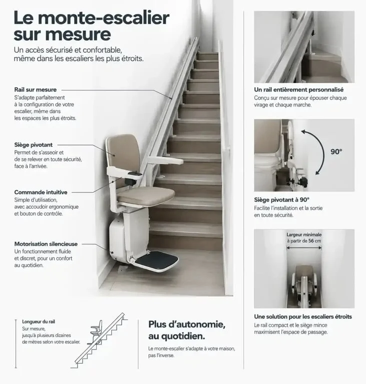 Installation d'un monte-escalier étroit avec siège pivotant dans un escalier exigu.